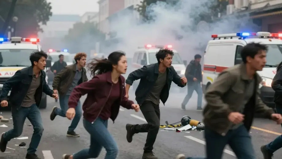 A dramatic scene depicting a terrorist attack in a public space, showing chaos with people running in panic, smoke rising, emergency vehicles with flashing lights, and debris scattered on the ground, conveying intense fear and urgency