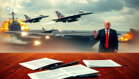 A dramatic scene showing Donald Trump intensifying military actions against Iran, with fighter jets launching from an aircraft carrier in the background, explosions in the distance, and a tense atmosphere, while in the foreground, a broken or stalled peace negotiation table with documents and pens lies unused, symbolizing the unchanged stalemate despite escalation