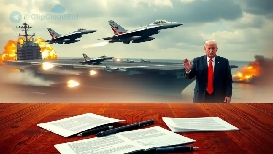 A dramatic scene showing Donald Trump intensifying military actions against Iran, with fighter jets launching from an aircraft carrier in the background, explosions in the distance, and a tense atmosphere, while in the foreground, a broken or stalled peace negotiation table with documents and pens lies unused, symbolizing the unchanged stalemate despite escalation