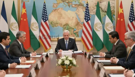 A diplomatic meeting between the USA and a Middle Eastern country, with officials from both sides sitting at a long table in a formal setting. The atmosphere is tense, with serious expressions on the faces of the officials. The room is filled with flags of both countries and a large map of the Middle East on the wall. The scene captures the intensity of the negotiations and the high stakes involved.