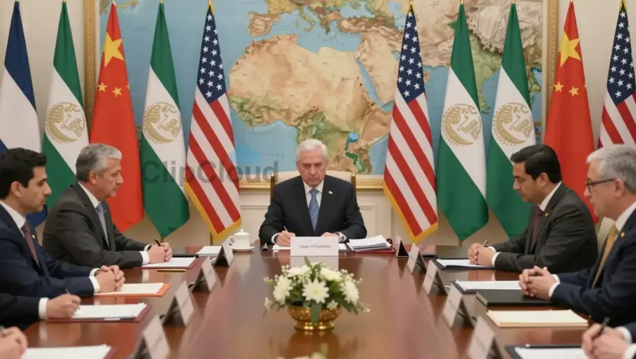 A diplomatic meeting between the USA and a Middle Eastern country, with officials from both sides sitting at a long table in a formal setting. The atmosphere is tense, with serious expressions on the faces of the officials. The room is filled with flags of both countries and a large map of the Middle East on the wall. The scene captures the intensity of the negotiations and the high stakes involved.