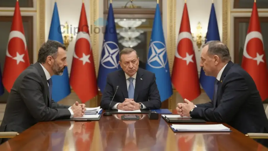 A wide cinematic shot of a high-level diplomatic summit in Ankara. Three powerful world leaders in formal suits are seated around a large, polished mahogany conference table in a luxurious hall with ornate Turkish architectural details and gold accents. They have serious, tense facial expressions, engaged in a heated discussion. In the background, national flags of NATO member states are displayed. Dramatic lighting, professional photography, high detail, political atmosphere.