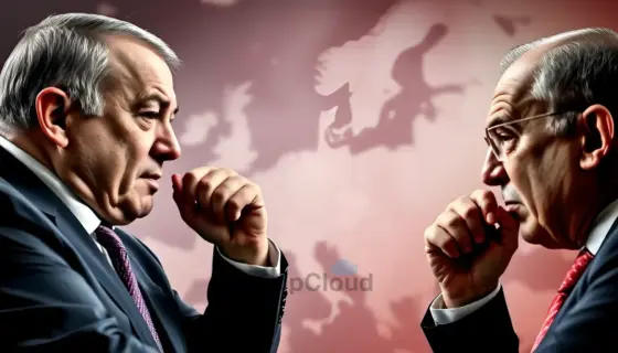 A dramatic scene showing a tense political confrontation between a Hungarian prime minister and a Turkish official, with a map of Europe in the background, symbolizing strained relations and ongoing conflict