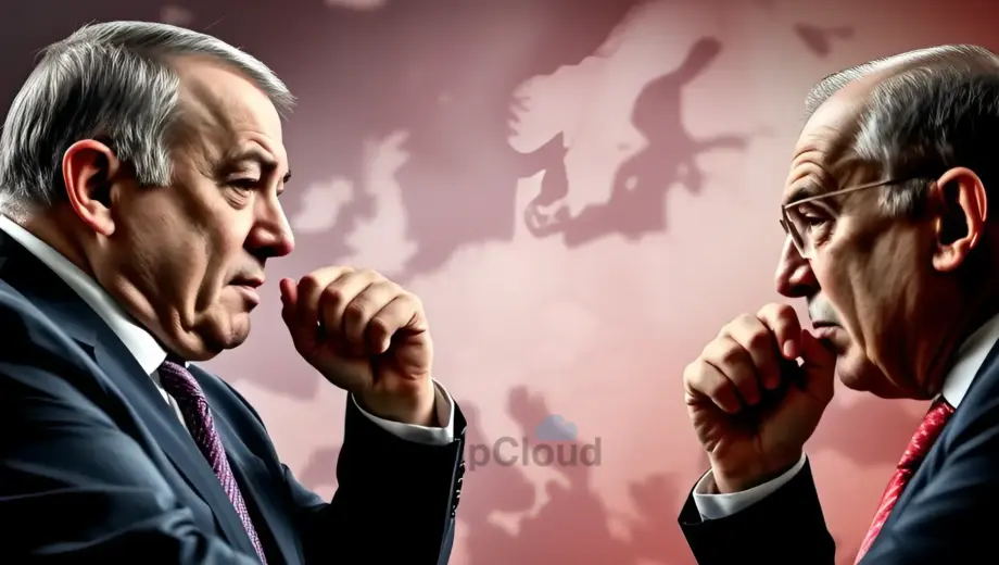 A dramatic scene showing a tense political confrontation between a Hungarian prime minister and a Turkish official, with a map of Europe in the background, symbolizing strained relations and ongoing conflict