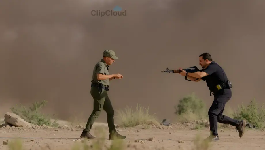 A dramatic scene showing a tense confrontation between an Israeli military officer and a Hezbollah fighter in a war-torn border region, with smoke rising in the background and both figures in motion as if engaged in a standoff