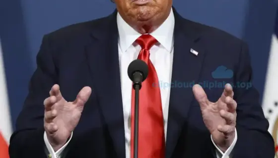A frustrated Donald Trump standing in a formal setting, gesturing with his hands, with Hungarian text elements visible in the background including 'Rijád tisztáz', 'izraeli terv', and 'haladás Gáza jö', depicting a political news scene with clear facial expression of frustration and confusion