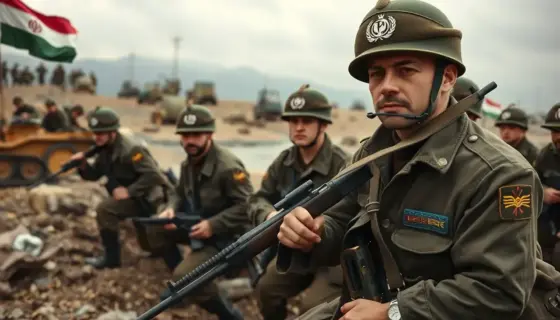 A dramatic scene showing the Iran-Iraq War with soldiers in period-accurate military uniforms, a battlefield landscape, and subtle Hungarian cultural elements like a small Hungarian flag or traditional embroidery pattern integrated into the composition, conveying national pride and historical significance