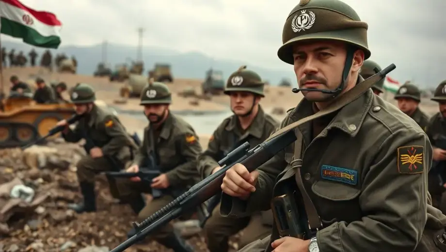 A dramatic scene showing the Iran-Iraq War with soldiers in period-accurate military uniforms, a battlefield landscape, and subtle Hungarian cultural elements like a small Hungarian flag or traditional embroidery pattern integrated into the composition, conveying national pride and historical significance