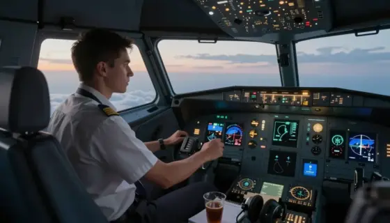 A dimly lit aircraft cockpit during flight, with the co-pilot's hands firmly on the controls while the pilot's seat is empty, showing signs of recent departure — a half-drunk coffee, an open flight manual, and a headset hanging loosely. Through the windshield, a vast sky with soft clouds and distant horizon. Subtle tension in the atmosphere: instrument panels glow softly, autopilot engaged indicator lit, but the co-pilot's expression is focused yet uneasy. No other people visible. Realistic ligh