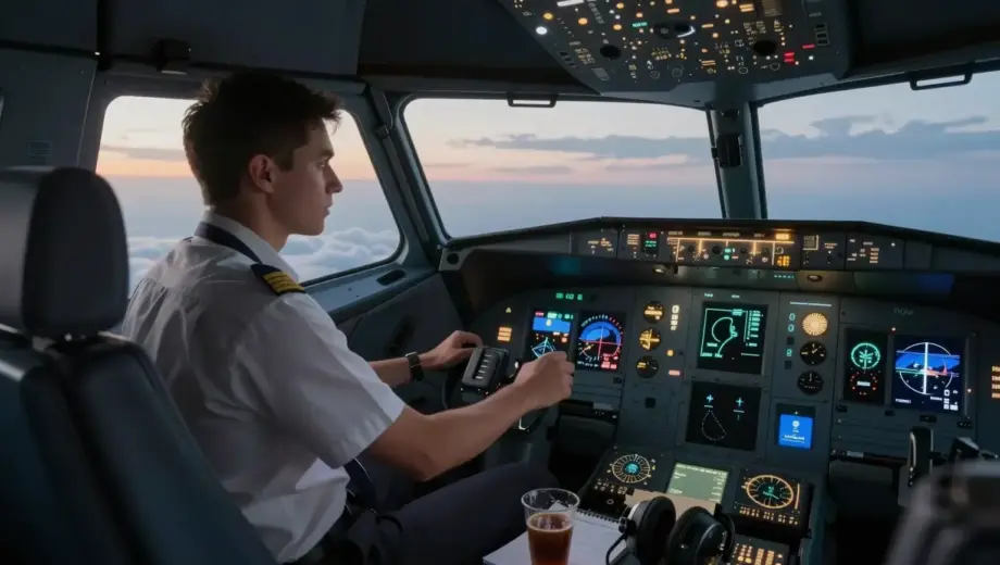 A dimly lit aircraft cockpit during flight, with the co-pilot's hands firmly on the controls while the pilot's seat is empty, showing signs of recent departure — a half-drunk coffee, an open flight manual, and a headset hanging loosely. Through the windshield, a vast sky with soft clouds and distant horizon. Subtle tension in the atmosphere: instrument panels glow softly, autopilot engaged indicator lit, but the co-pilot's expression is focused yet uneasy. No other people visible. Realistic ligh