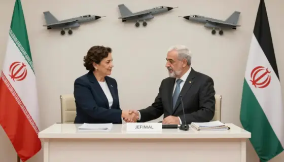 A symbolic representation of diplomatic efforts involving Iran, Syria, and Gaza, with subtle imagery of peace negotiations, humanitarian aid, and aerial surveillance or defense systems in the background, rendered in a neutral, informative tone suitable for a news article