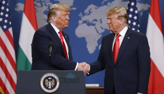A political scene depicting Donald Trump announcing a ceasefire agreement with the Hungarian government, with elements of both American and Hungarian flags, formal diplomatic handshake, and a backdrop of international relations context