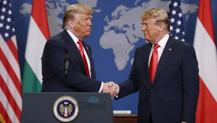 A political scene depicting Donald Trump announcing a ceasefire agreement with the Hungarian government, with elements of both American and Hungarian flags, formal diplomatic handshake, and a backdrop of international relations context