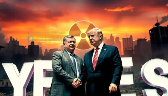 A dramatic scene showing a war-torn Middle Eastern city skyline with broken buildings and smoke, a Lebanese diplomat in formal attire shaking hands with former U.S. President Donald Trump in front of a large 'YES' sign, both figures centered and clearly visible, background includes subtle nuclear symbol imagery like a stylized atomic emblem, vibrant colors, high detail, cinematic lighting