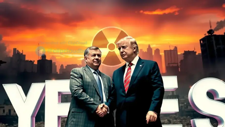 A dramatic scene showing a war-torn Middle Eastern city skyline with broken buildings and smoke, a Lebanese diplomat in formal attire shaking hands with former U.S. President Donald Trump in front of a large 'YES' sign, both figures centered and clearly visible, background includes subtle nuclear symbol imagery like a stylized atomic emblem, vibrant colors, high detail, cinematic lighting