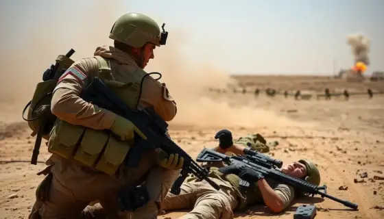 A dramatic war scene in Iran showing two American soldiers in modern combat gear kneeling or lying injured on a dusty battlefield, with smoke and distant explosions in the background, conveying loss and tension
