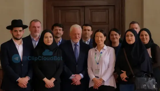 A solemn group of Iranian Jewish community members standing together in a dignified setting, symbolizing unity and resilience, with subtle cultural elements like traditional attire and symbolic artifacts, rendered in a realistic style that emphasizes cultural heritage and protection