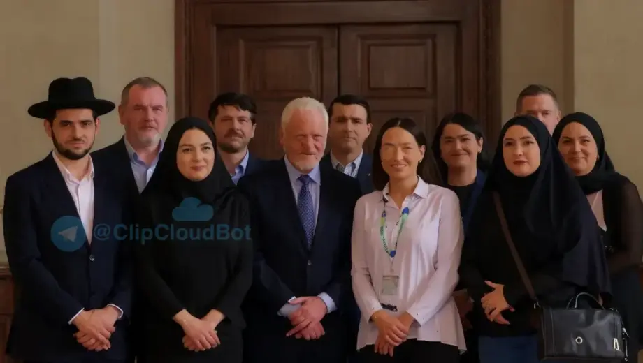 A solemn group of Iranian Jewish community members standing together in a dignified setting, symbolizing unity and resilience, with subtle cultural elements like traditional attire and symbolic artifacts, rendered in a realistic style that emphasizes cultural heritage and protection