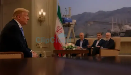 A formal diplomatic meeting scene featuring Donald Trump and Iranian officials in a grand hall, with subtle background elements representing gas pipelines and a distant silhouette of the Sabak region, rendered in a realistic photographic style with soft lighting and muted colors
