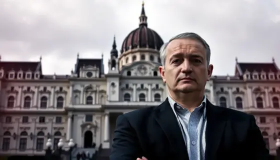A dramatic portrait of a Hungarian politician standing confidently in front of the Parliament building in Budapest, with a subtle Hungarian flag motif in the background, conveying a message of unity and leadership