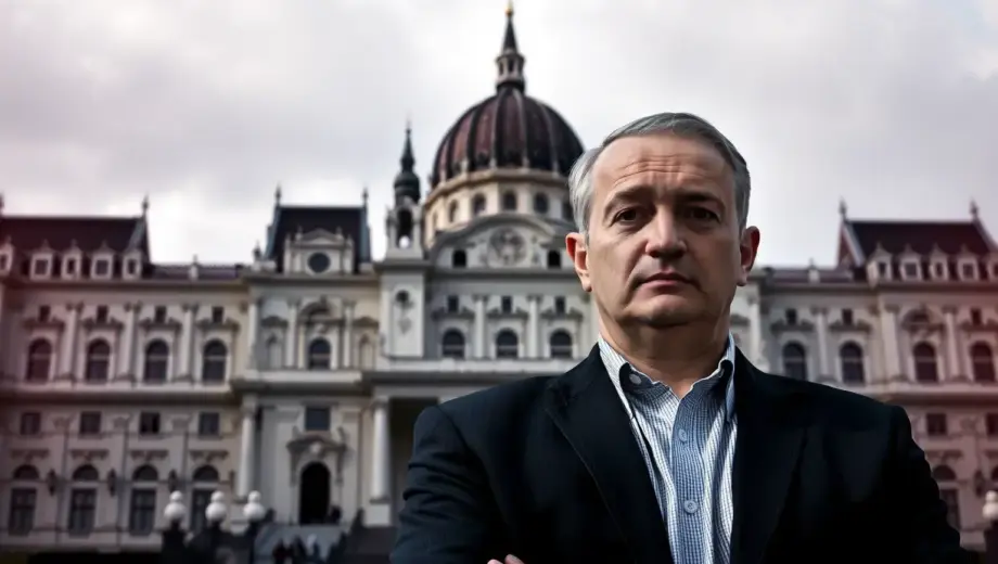 A dramatic portrait of a Hungarian politician standing confidently in front of the Parliament building in Budapest, with a subtle Hungarian flag motif in the background, conveying a message of unity and leadership