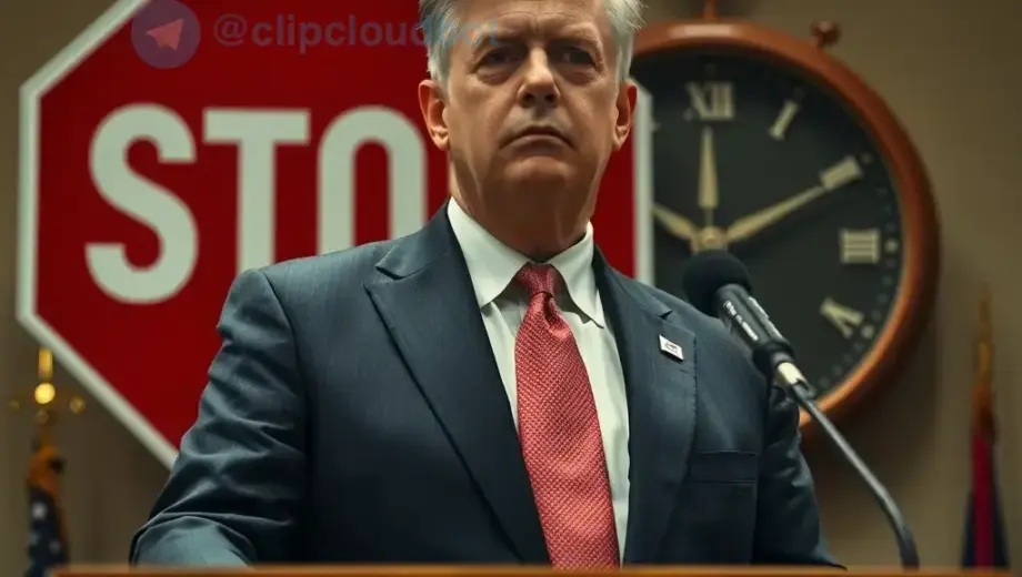 A dramatic political scene showing a stern, middle-aged male leader in a formal suit standing at a podium, with a large red stop sign and a broken clock in the background, conveying urgency and tension