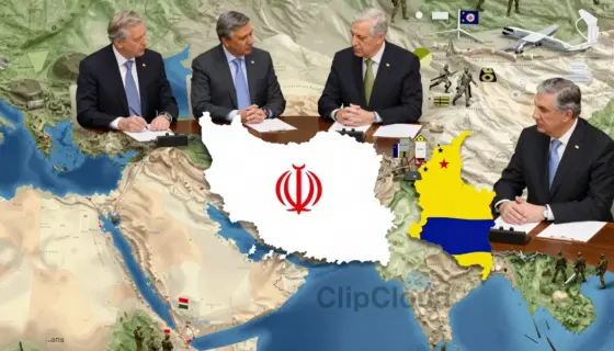 A detailed scene depicting the geopolitical tensions involving Iran, its proxies, and the international response. Show a map highlighting Iran, Lebanon, and Colombia with symbolic representations of diplomatic activities and military movements. Include figures representing leaders or diplomats in formal attire discussing strategies, and subtle elements indicating proxy forces and their activities. The atmosphere should convey urgency and international concern.
