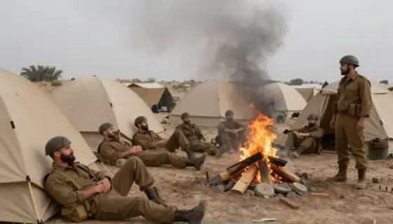 A group of warriors resting at the Givati base camp, showing a moment of relaxation after battle, with tents, fire, and soldiers in casual poses