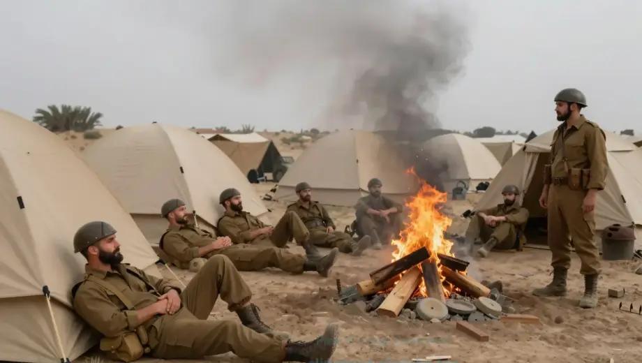 A group of warriors resting at the Givati base camp, showing a moment of relaxation after battle, with tents, fire, and soldiers in casual poses
