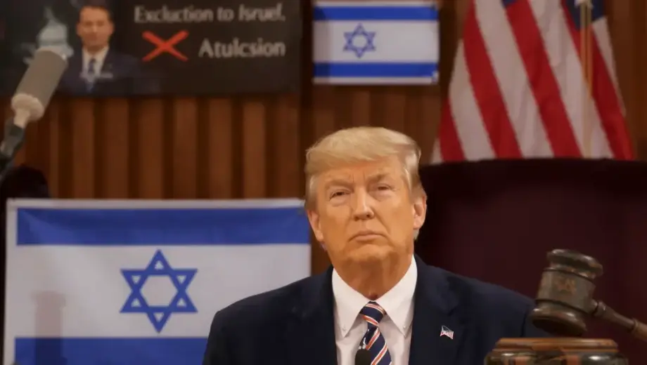 A political scene showing Donald Trump in a formal setting, with a map of Israel in the background, a subtle barrier or fence symbolizing exclusion, and a courtroom or gavel representing ongoing investigations, all depicted in a realistic style