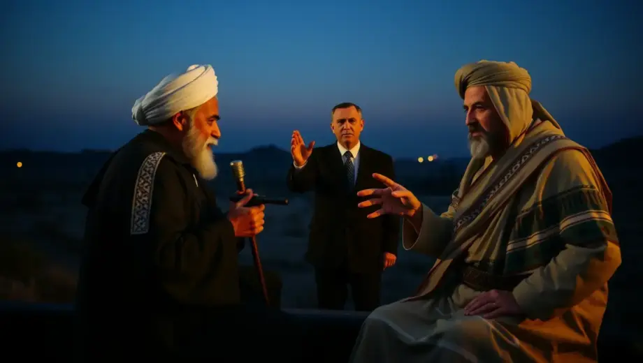 A symbolic meeting between a Hungarian fisherman (hamász) and an Iranian figure, with Turkish President Erdogan in the background gesturing toward expansion, and a Mossad agent observing discreetly in Persian attire, all set against a twilight Middle Eastern landscape with subtle flags of Hungary, Iran, Turkey, and Israel faintly visible in the distance, cinematic lighting, realistic detail, no text or symbols