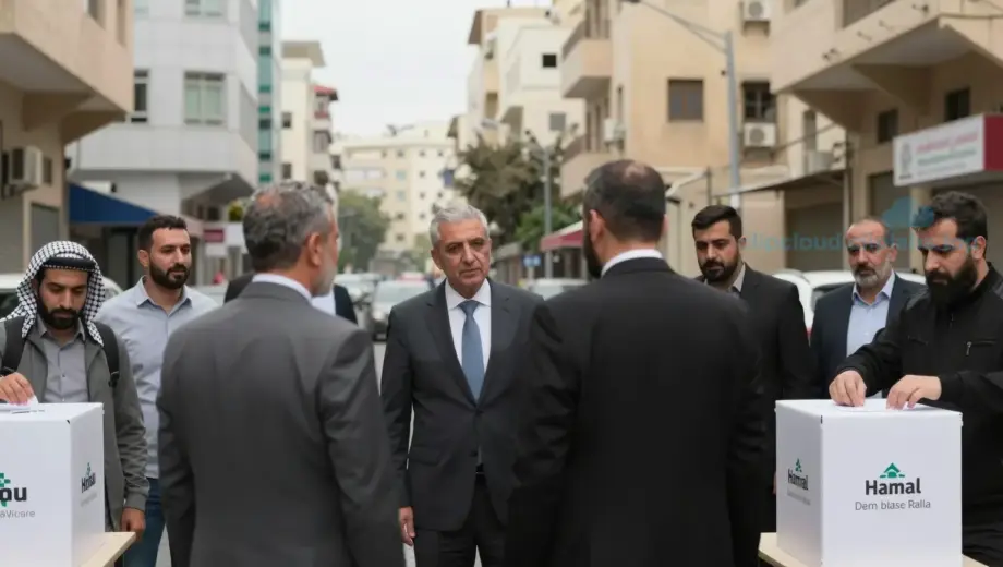 A scene depicting the tension in Lebanon, with a focus on the political atmosphere. Show a busy street in Beirut with a mix of modern and traditional architecture, people going about their daily lives, and a sense of underlying tension. Include a group of diplomats or officials in formal attire, possibly in a meeting or discussion, symbolizing the Hamás delegation in Cairo. Additionally, depict a polling station with citizens casting their votes, representing the ongoing elections.