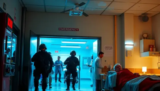 A dynamic scene inside a hospital emergency room during a commandos operation, showing commandos in tactical gear entering through the main entrance, medical staff and patients reacting, with dramatic lighting and action elements