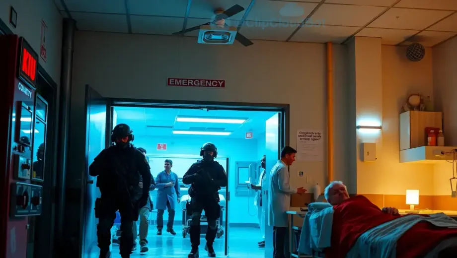 A dynamic scene inside a hospital emergency room during a commandos operation, showing commandos in tactical gear entering through the main entrance, medical staff and patients reacting, with dramatic lighting and action elements