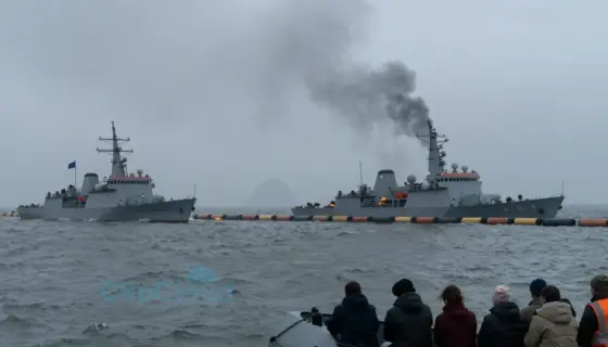A symbolic scene depicting a naval blockade with ships forming a barrier on a stormy sea, distant smoke rising from damaged vessels, a small group of exhausted refugees in a lifeboat near the edge of the frame, faint outlines of European Union flags on distant horizons barely visible through fog, muted gray and blue tones with occasional flashes of orange from distant fires, no text or logos present