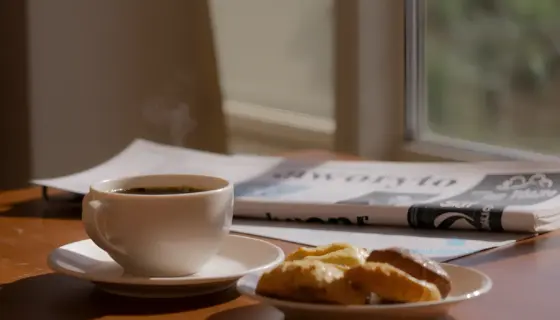A bright, cheerful Saturday morning breakfast scene featuring a steaming cup of coffee, a plate of fresh pastries, and a newspaper on a wooden table, with sunlight streaming through a window