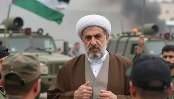 A dramatic scene depicting Iranian President Ebrahim Raisi (Irán kudarca) in a tense moment during a protest or military confrontation in the Gaza Strip (Gázában), showing his role in the Palestinian Authority's activities (Palesztin Hatóság szerepe). The image should show Raisi in a serious, authoritative pose, possibly addressing a crowd or observing a conflict zone, with elements like smoke, military vehicles, or Palestinian flags in the background to convey the conflict context. The setting