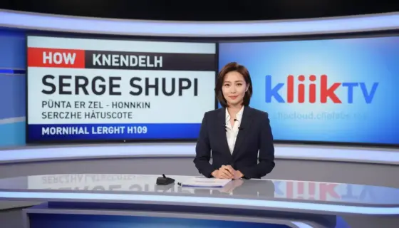 A modern TV studio set with a female news anchor in professional attire delivering a daily news broadcast on KlikkTV, with a sleek news desk, digital graphics displaying headlines in Hungarian, studio lighting, and a subtle KlikkTV logo in the background; the atmosphere is energetic and informative, reflecting a live morning news program