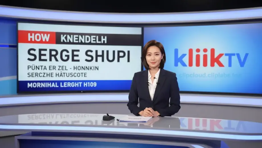 A modern TV studio set with a female news anchor in professional attire delivering a daily news broadcast on KlikkTV, with a sleek news desk, digital graphics displaying headlines in Hungarian, studio lighting, and a subtle KlikkTV logo in the background; the atmosphere is energetic and informative, reflecting a live morning news program