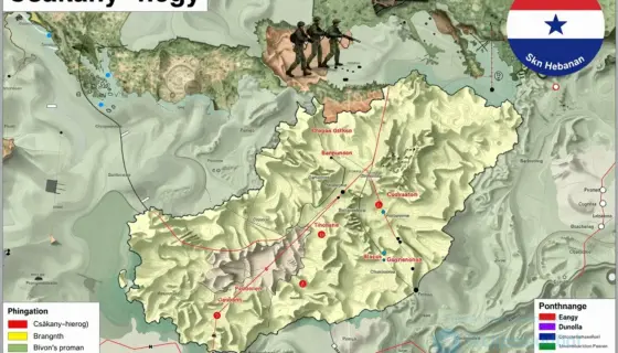 A detailed topographical map of Csákány-hegy, Hungary, with highlighted areas indicating recent findings. In the background, a stylized representation of a military operation against Hezbollah, focusing on strategic planning and coordination. The overall tone should be informative and serious, avoiding any sensationalism.