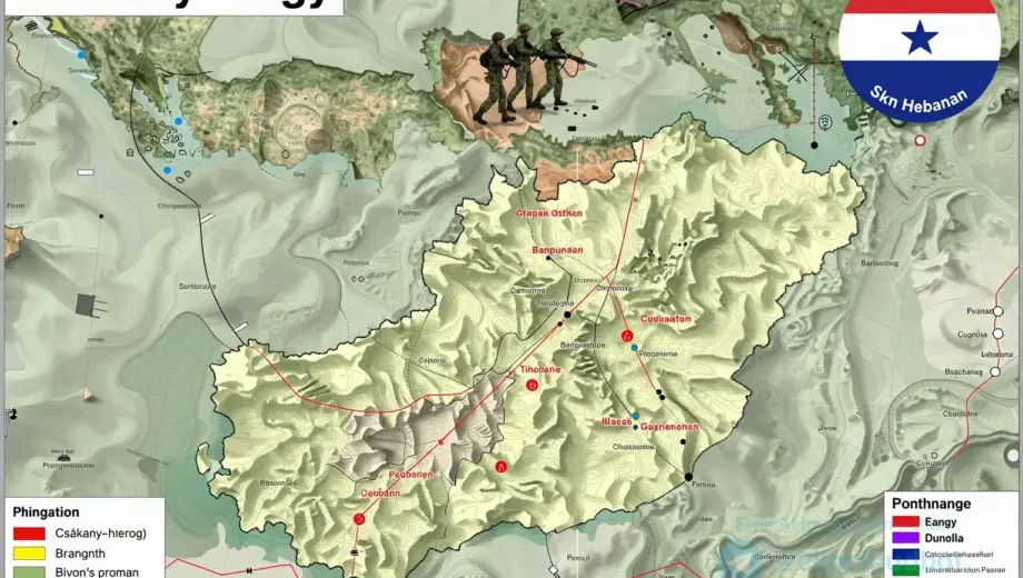A detailed topographical map of Csákány-hegy, Hungary, with highlighted areas indicating recent findings. In the background, a stylized representation of a military operation against Hezbollah, focusing on strategic planning and coordination. The overall tone should be informative and serious, avoiding any sensationalism.