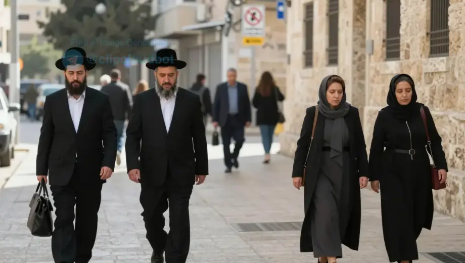 A quiet street in Bnei Brak, Israel, showing gender segregation in public spaces funded by public money: separate walking paths for men and women marked by subtle physical dividers or signage, Orthodox Jewish men in traditional black suits and hats walking on one side, women in modest clothing walking on the other, urban Israeli setting with typical Middle Eastern architecture, sunlight casting soft shadows, no text or symbols visible, realistic documentary style