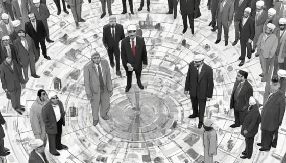 A detailed illustration depicting a covert network of individuals in civilian clothing, symbolizing a terror network in Iran. The scene should include subtle elements like encrypted messages, hidden communication devices, and a timeline indicating 32 months of military service. The atmosphere should convey secrecy and tension.