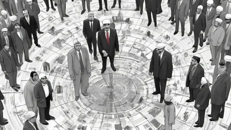 A detailed illustration depicting a covert network of individuals in civilian clothing, symbolizing a terror network in Iran. The scene should include subtle elements like encrypted messages, hidden communication devices, and a timeline indicating 32 months of military service. The atmosphere should convey secrecy and tension.