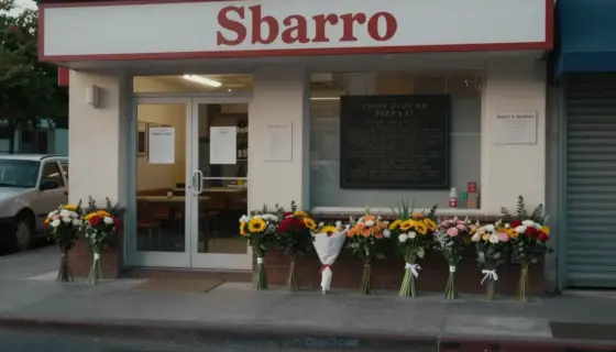 A solemn memorial scene at a former Sbarro pizzeria location, showing a quiet street with a small plaque or flowers placed in remembrance, soft evening light, no people visible, atmosphere of reflection and peace