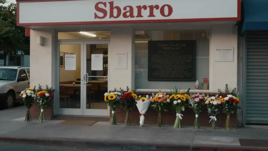 A solemn memorial scene at a former Sbarro pizzeria location, showing a quiet street with a small plaque or flowers placed in remembrance, soft evening light, no people visible, atmosphere of reflection and peace
