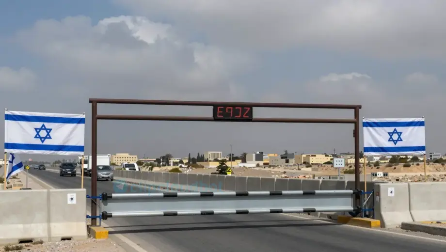 A symbolic image showing a closed border crossing with Israeli flags and barriers, representing the refusal to open the Erez crossing, with a tense atmosphere and distant Gaza Strip in the background under a cloudy sky