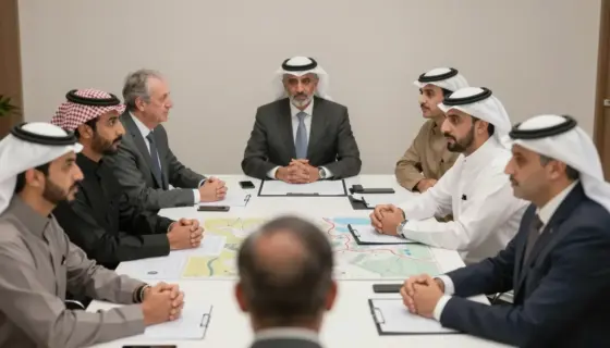 A symbolic illustration of a regional meeting in the Kushner area, showing diverse Middle Eastern figures in traditional and modern attire engaged in dialogue around a table with maps and documents, soft lighting, neutral tones, emphasizing diplomacy and discussion, no text or symbols visible