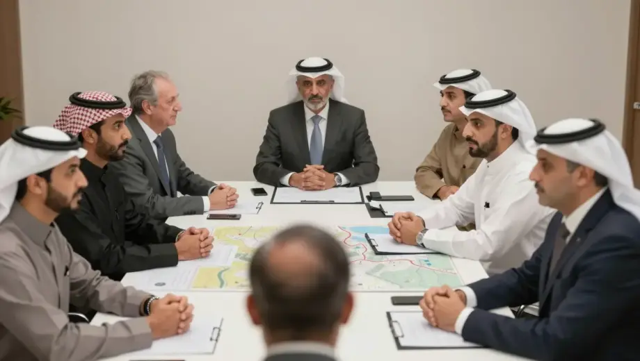A symbolic illustration of a regional meeting in the Kushner area, showing diverse Middle Eastern figures in traditional and modern attire engaged in dialogue around a table with maps and documents, soft lighting, neutral tones, emphasizing diplomacy and discussion, no text or symbols visible