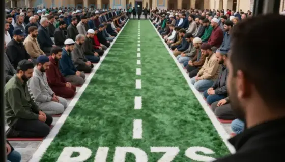 A dramatic scene depicting a Hungarian call to prayer (szaúdi hívás) in Iran, with a green path symbolizing the PIDZS route, and a bus driver figure in the foreground, rendered in a cinematic style with rich colors and detailed textures